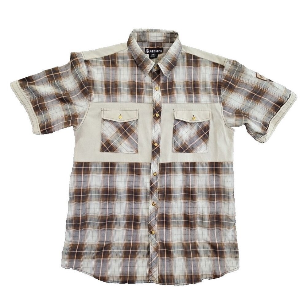 Red Ape Men's 3XL Brown Button-Front‎ Short Sleeve Shirt Gold Buttons EUC ANC